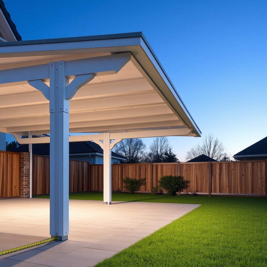 A photorealistic photo showing a modern white wooden Carport Classic at dusk