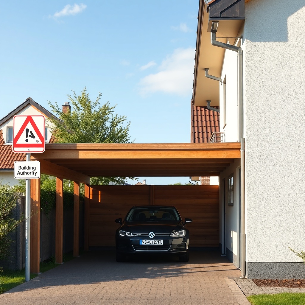 A clean photorealistic photo of a suburban house in Nordrhein-Westfalen with a wooden carp