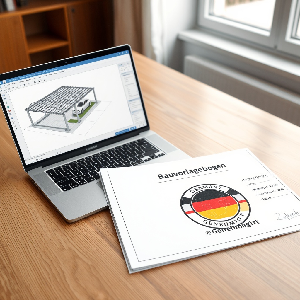A clean photorealistic photo of a wooden desk with a laptop showing a 3D CAD drawing of a