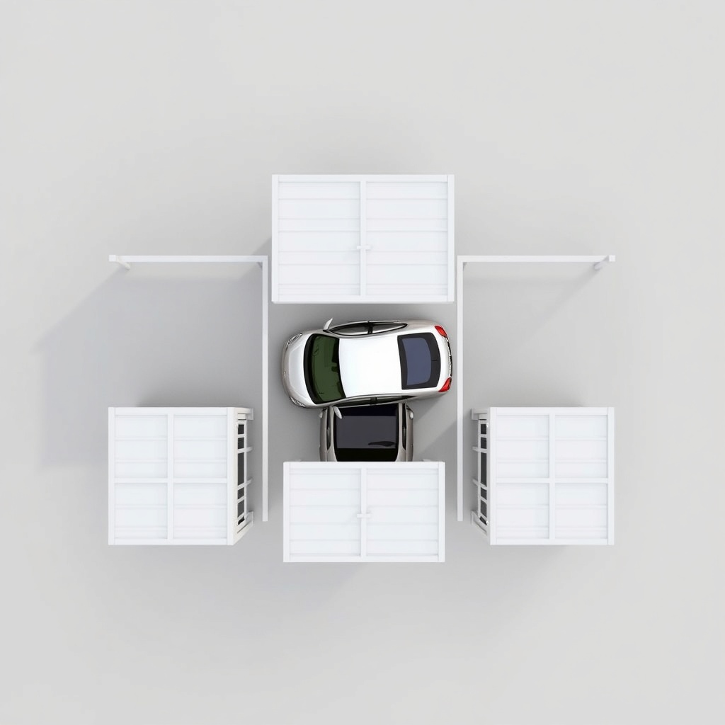 A clean photorealistic drone shot from above showing three Garden House GmbH Carport Class