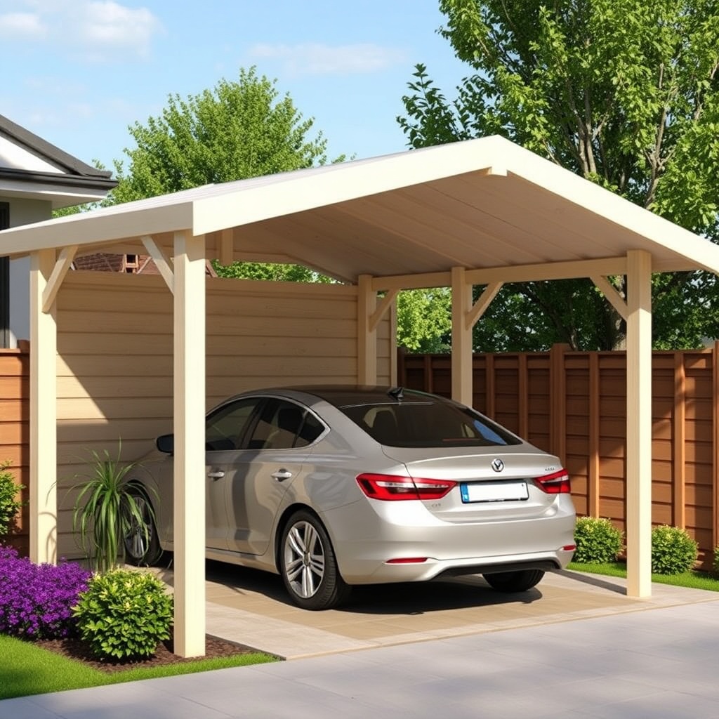A photorealistic side view of a Garden House GmbH Carport Classic with a car parked inside