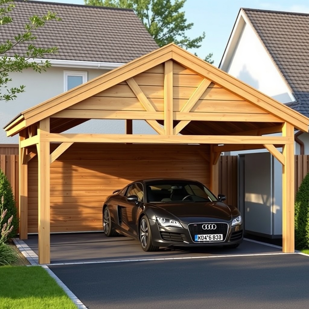 A photorealistic photo of a wooden Gartenhaus GmbH Carport Classic with a pitched roof