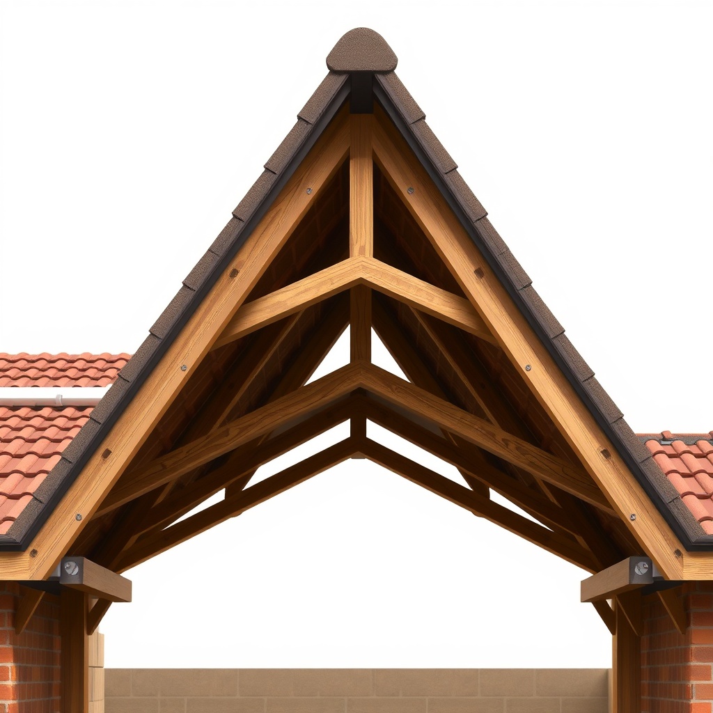 A clean photorealistic illustration showing the cross-section of a pitched roof carport wi