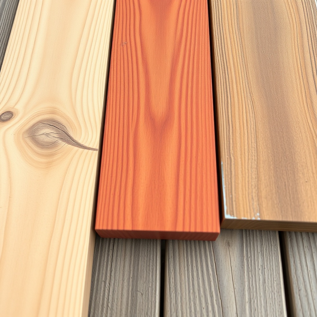 A detailed close-up photorealistic photo showing three wooden planks from a carport: a lig
