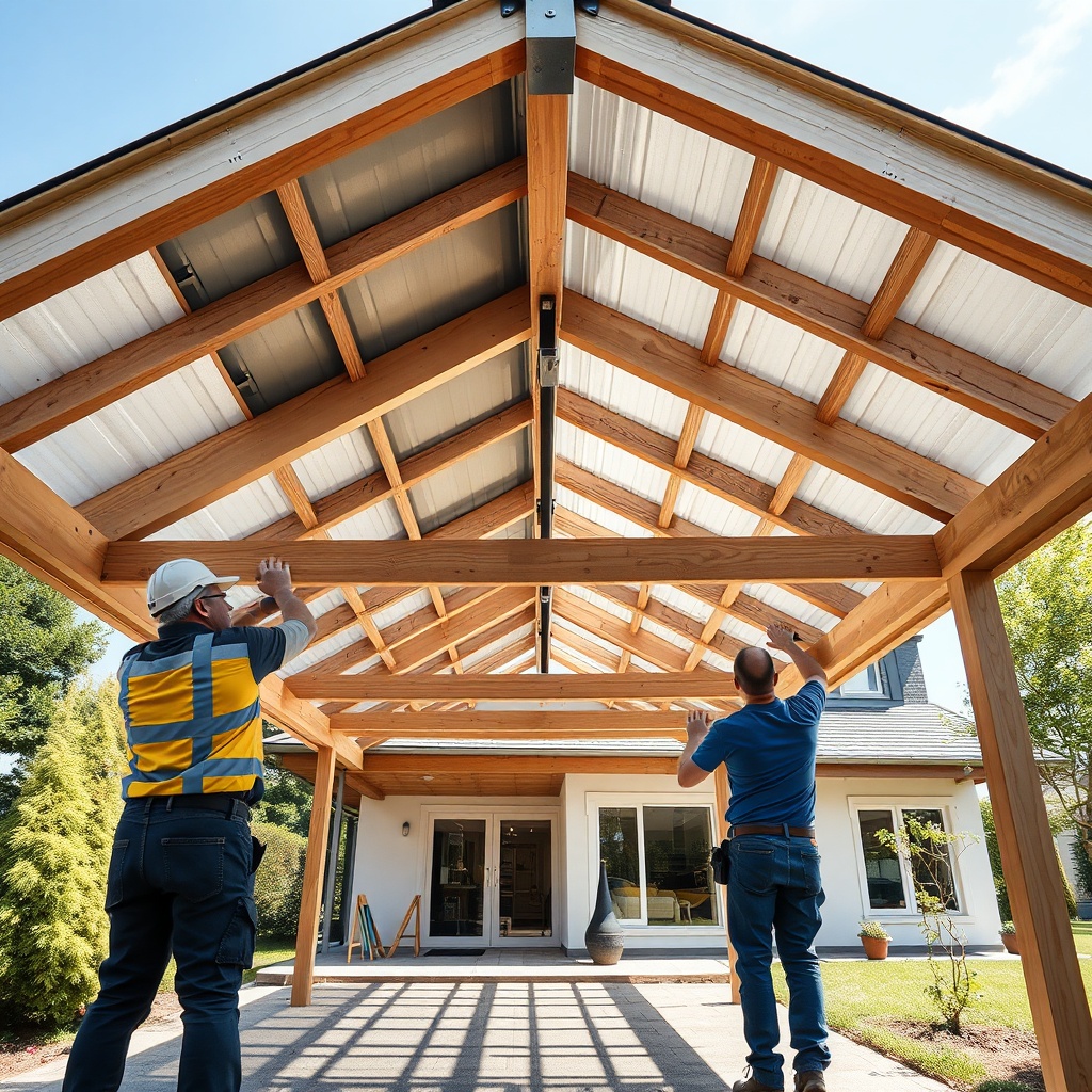 A wide-angle photorealistic photo of a Gartenhaus GmbH Carport Classic with a wooden roof