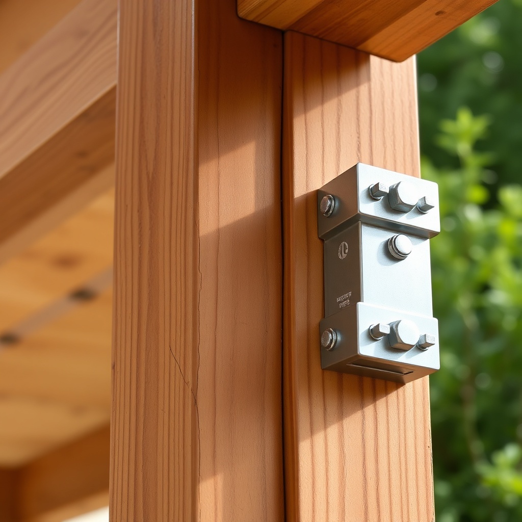 A close-up photograph showing a timber carport post with slight surface cracks and water r