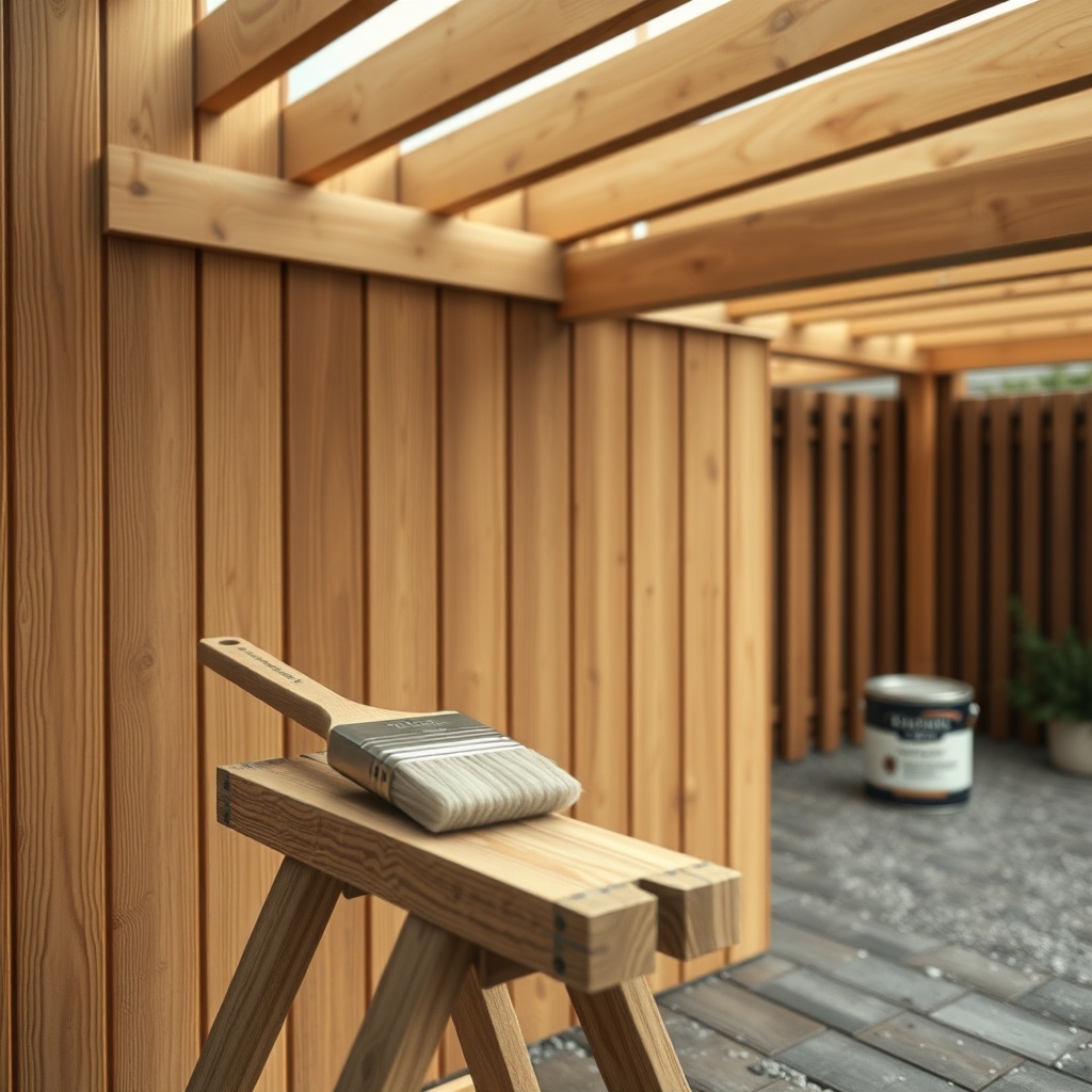 A photorealistic close-up shot of a wooden carport classic with freshly applied transparen