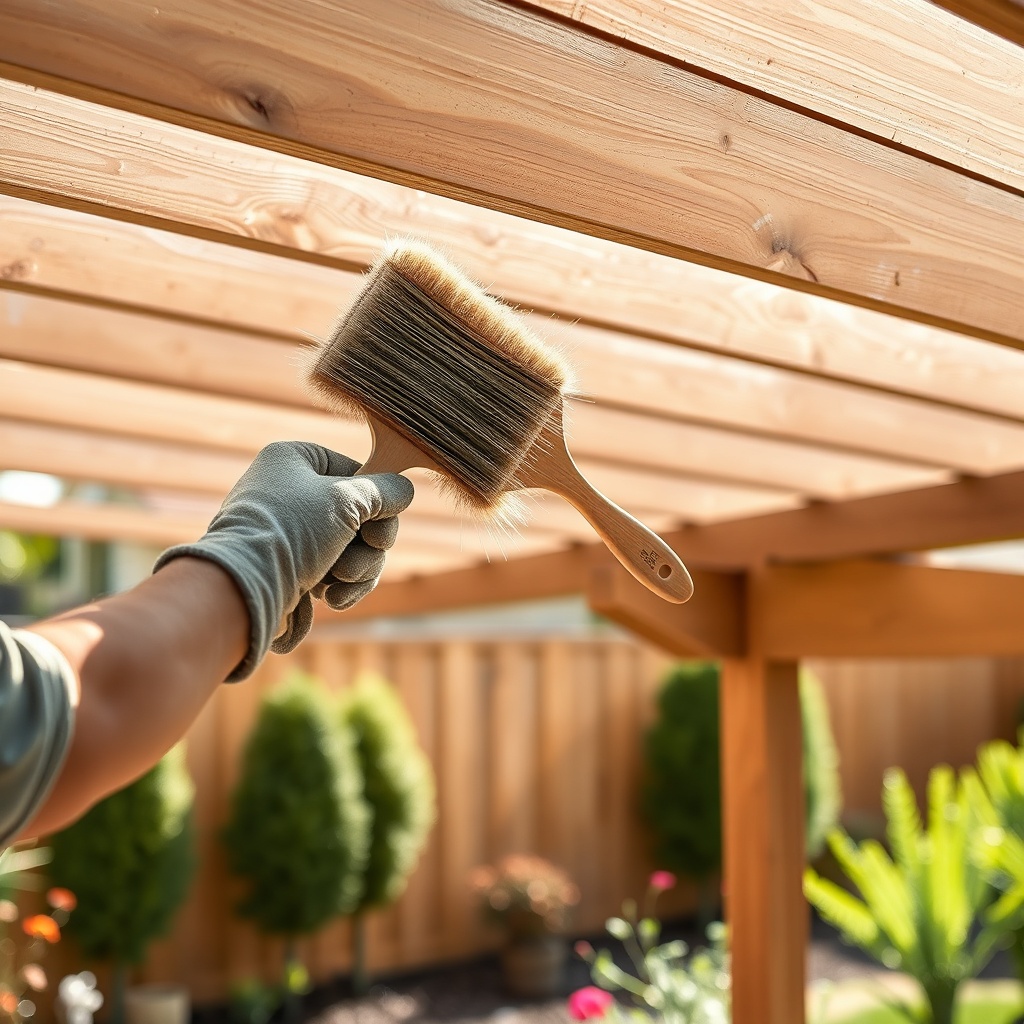A photorealistic image of a person in work gloves applying a transparent wood sealer with