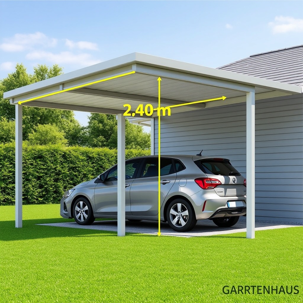 A photorealistic side view of a Gartenhaus GmbH Carport Classic with a car parked undernea
