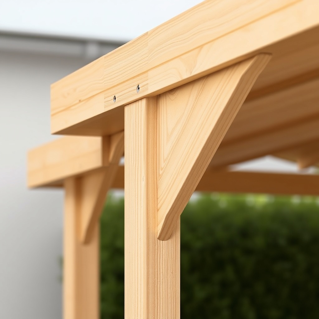 A photorealistic close-up of a wooden side panel being fitted to a Gartenhaus GmbH Carport