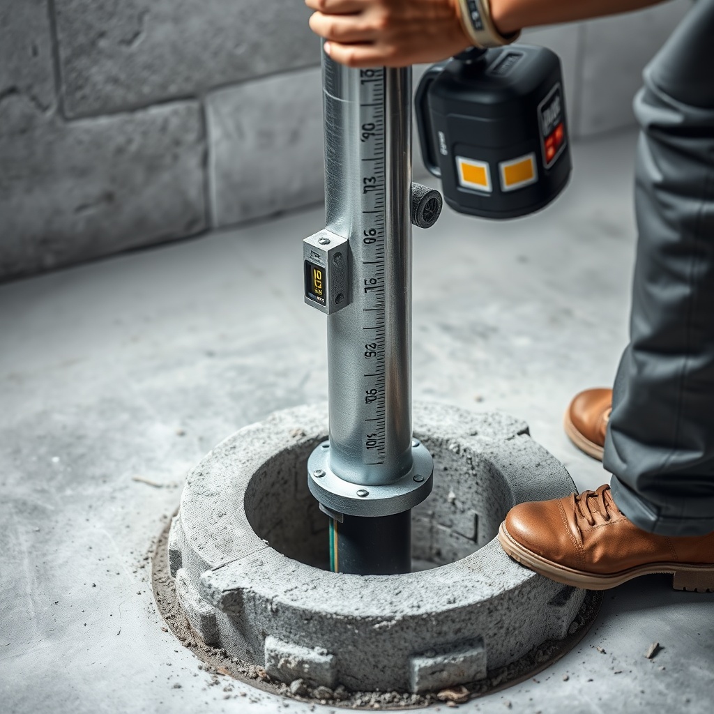 A close-up photorealistic photo of a galvanized steel post being lowered into a concrete f
