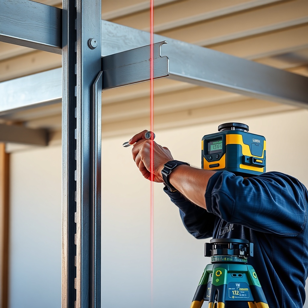 A photorealistic photo of two steel posts for a classic carport being aligned with a laser
