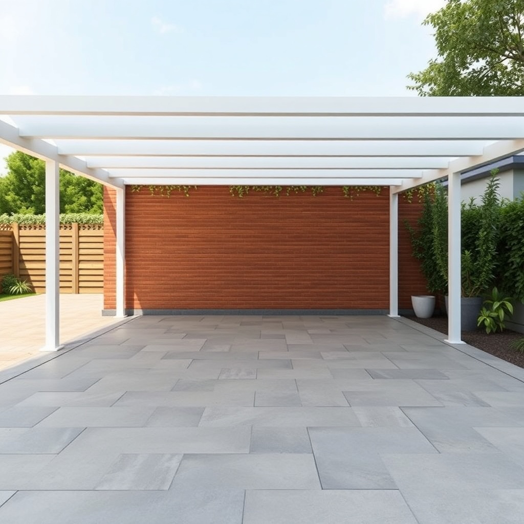 A clean photorealistic photo of a Gartenhaus GmbH Carport Classic with newly installed con