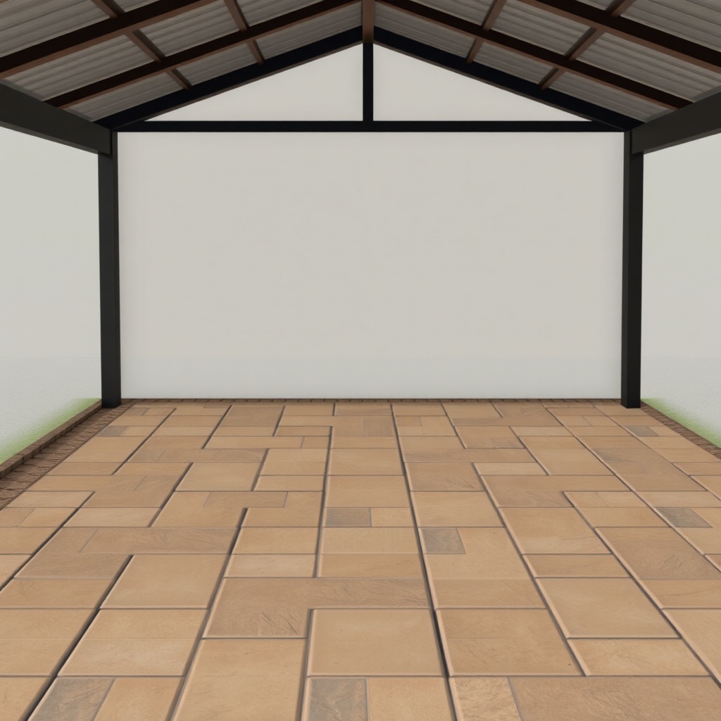A photorealistic illustration showing the sequential steps of laying paving stones inside