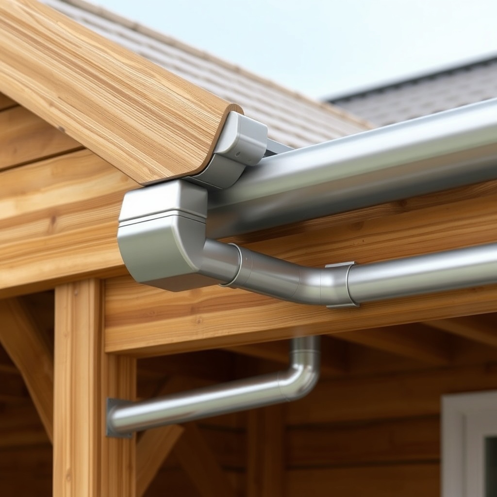<Clean photorealistic photo/illustration showing a silver aluminium gutter mounted on the