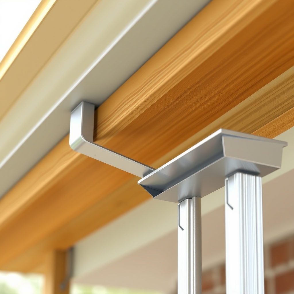 <Clean photorealistic photo/illustration showing a close-up of a gutter bracket attached t