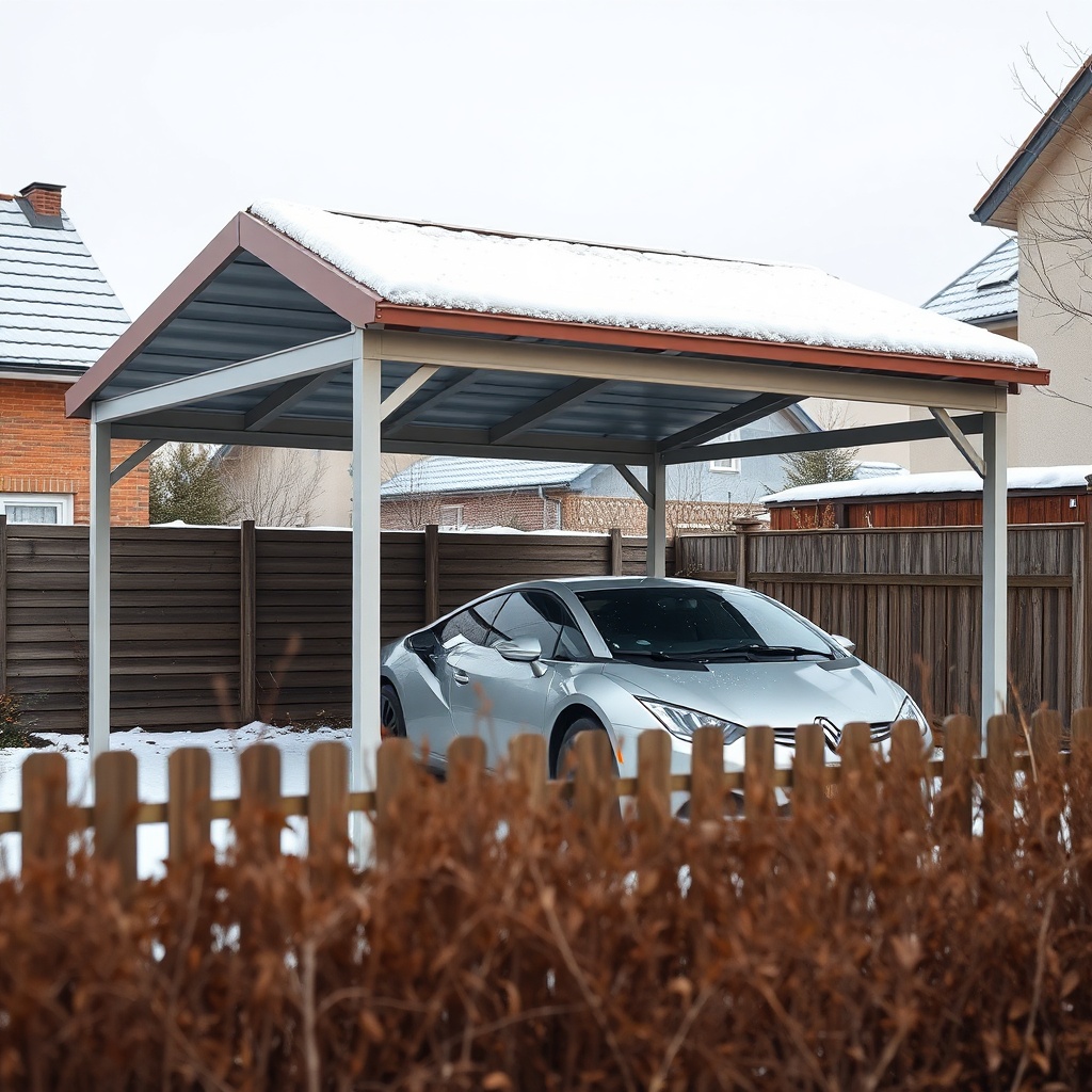<A clean photorealistic photo of a Karibu Carport Kambala with a moderate snow cover on th