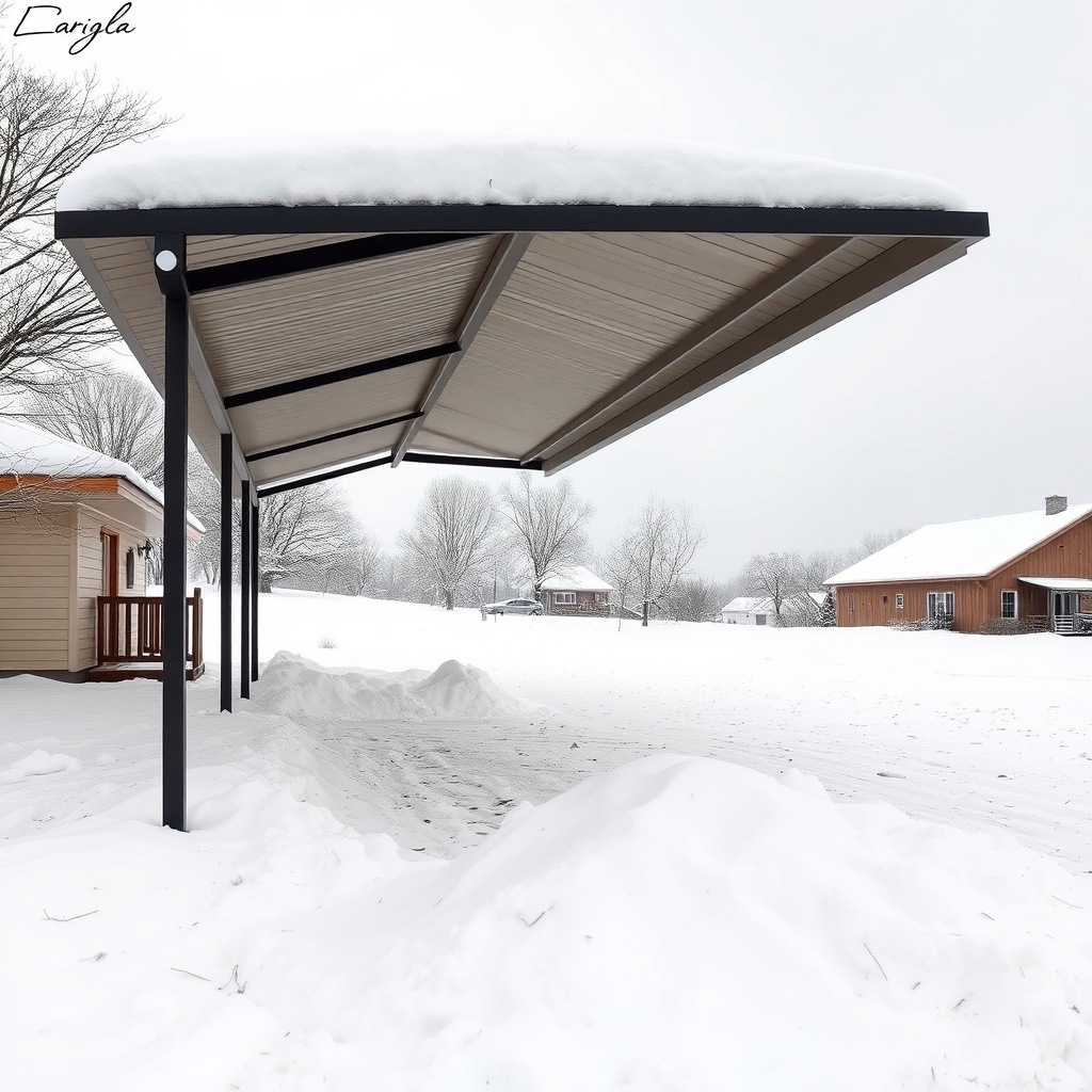 <A clean photorealistic photo of a Karibu Carport Kambala in a snowy winter landscape