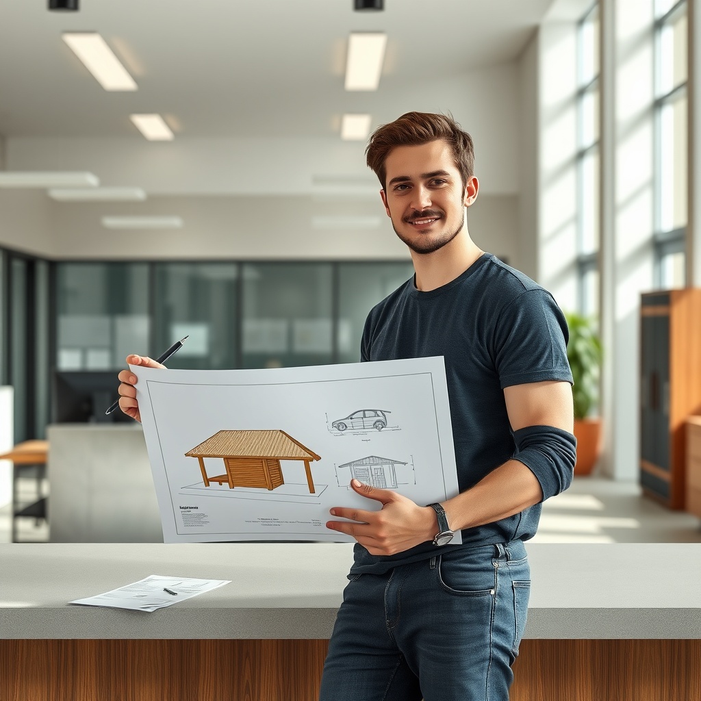 A photorealistic image of a person in casual clothing standing at a counter in a municipal