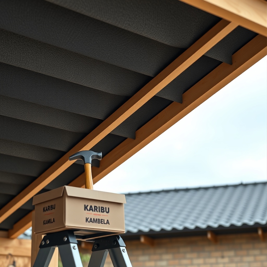 A photorealistic closeup of a Karibu Carport Kambala roof under construction