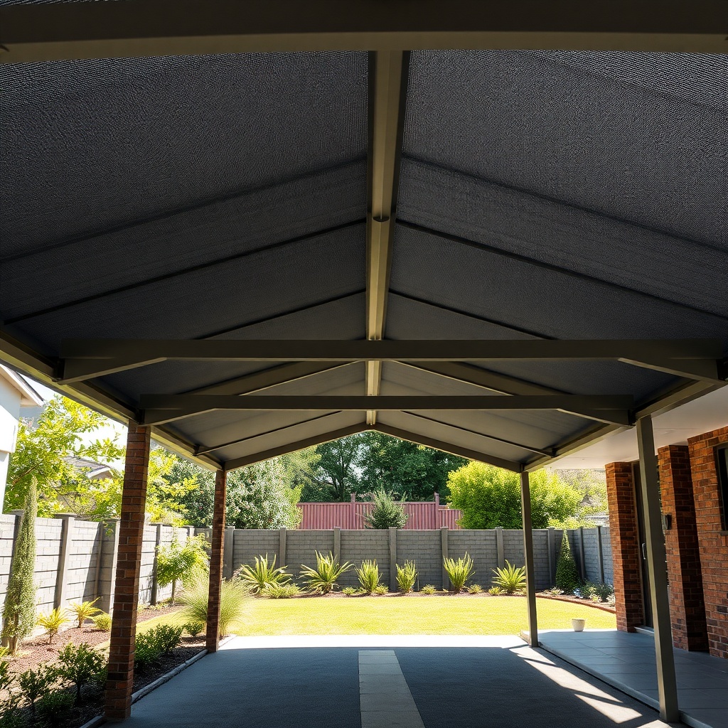 A photorealistic image of a finished Karibu Carport Kambala with dark gray bitumen shingle