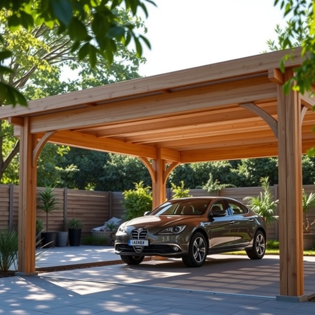 A clean photorealistic photo of the Karibu Carport Kambala in a garden setting