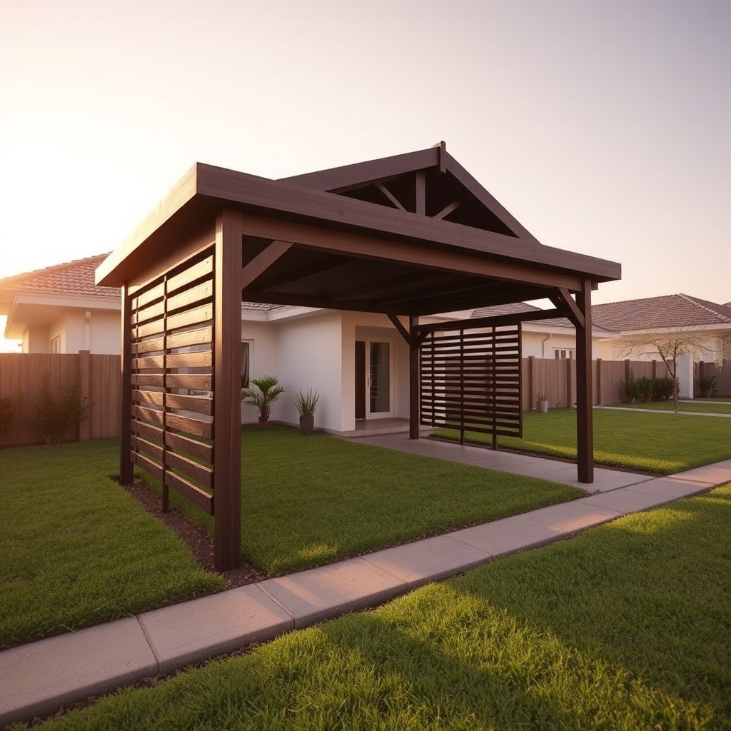 A photorealistic wide-angle shot of a Karibu Carport Kambala with dark brown wood finish s