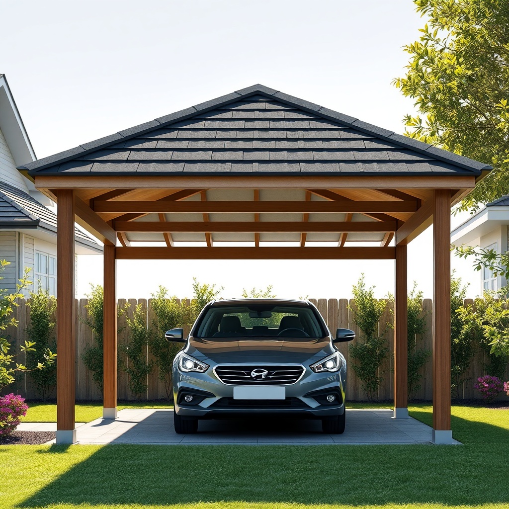A clean photorealistic photo of a single Karibu Kambala carport in a suburban garden