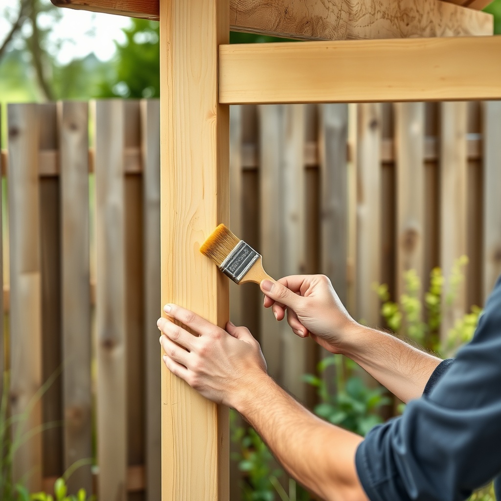 A person applying wood oil with a brush to a carport post