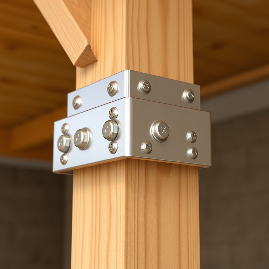 A photorealistic close-up shot of the Karibu Carport Kambala wooden post-and-beam connecti