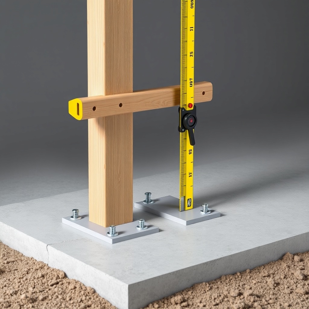 A photorealistic photo showing a single H-post anchor set in a concrete foundation with a
