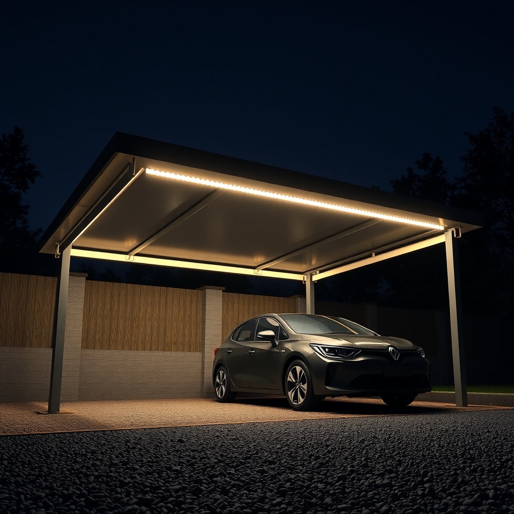 A photorealistic close-up photo of a Karibu Kambala carport with a warm white LED light st