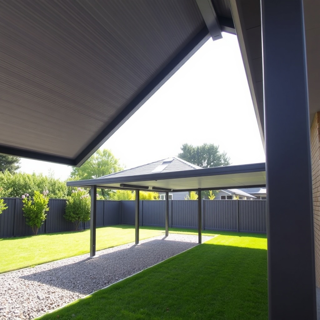 A clean photorealistic photo of a Karibu Carport Kambala with a dark grey bitumen roof on