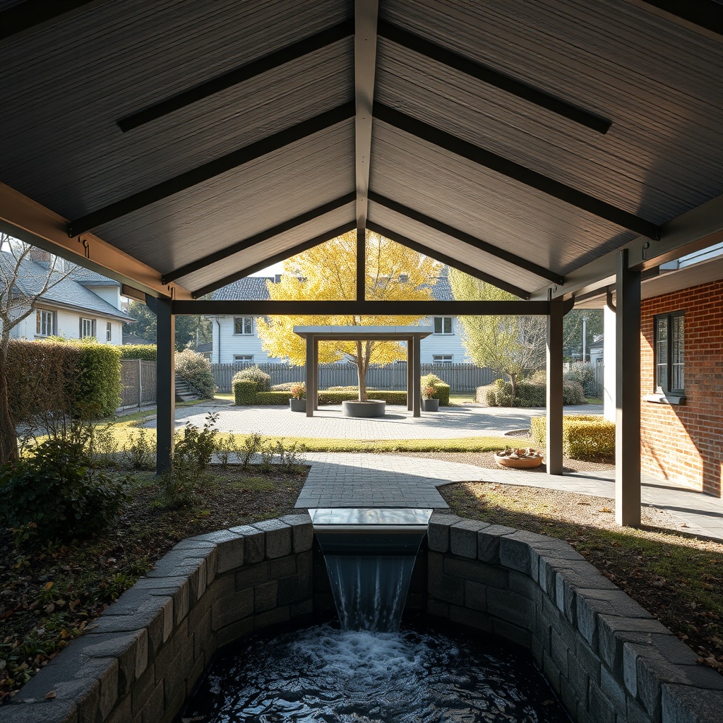 Ein Vitavia Carport Vitus mit dunkelgrauer Dachrinne im Vordergrund
