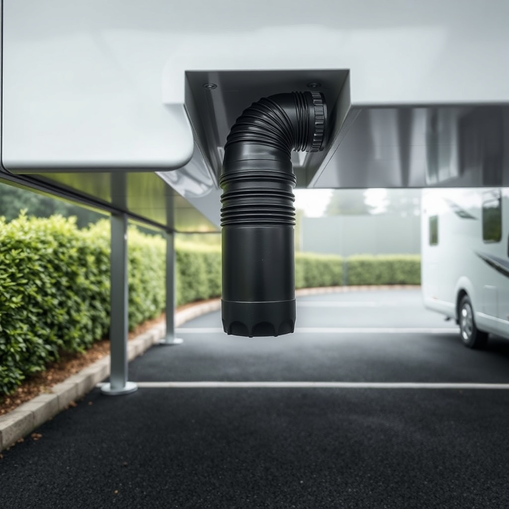 Nahaufnahme des Fallrohranschlusses am Vitavia Carport Vitus mit Edelstahlbogen
