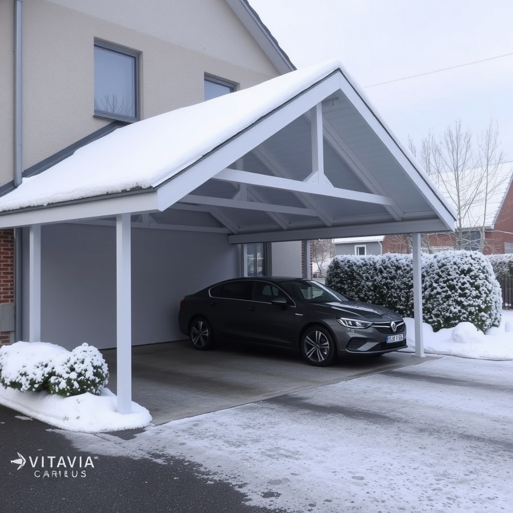 <Seitenansicht eines Vitavia Carport Vitus mit geringer Dachneigung