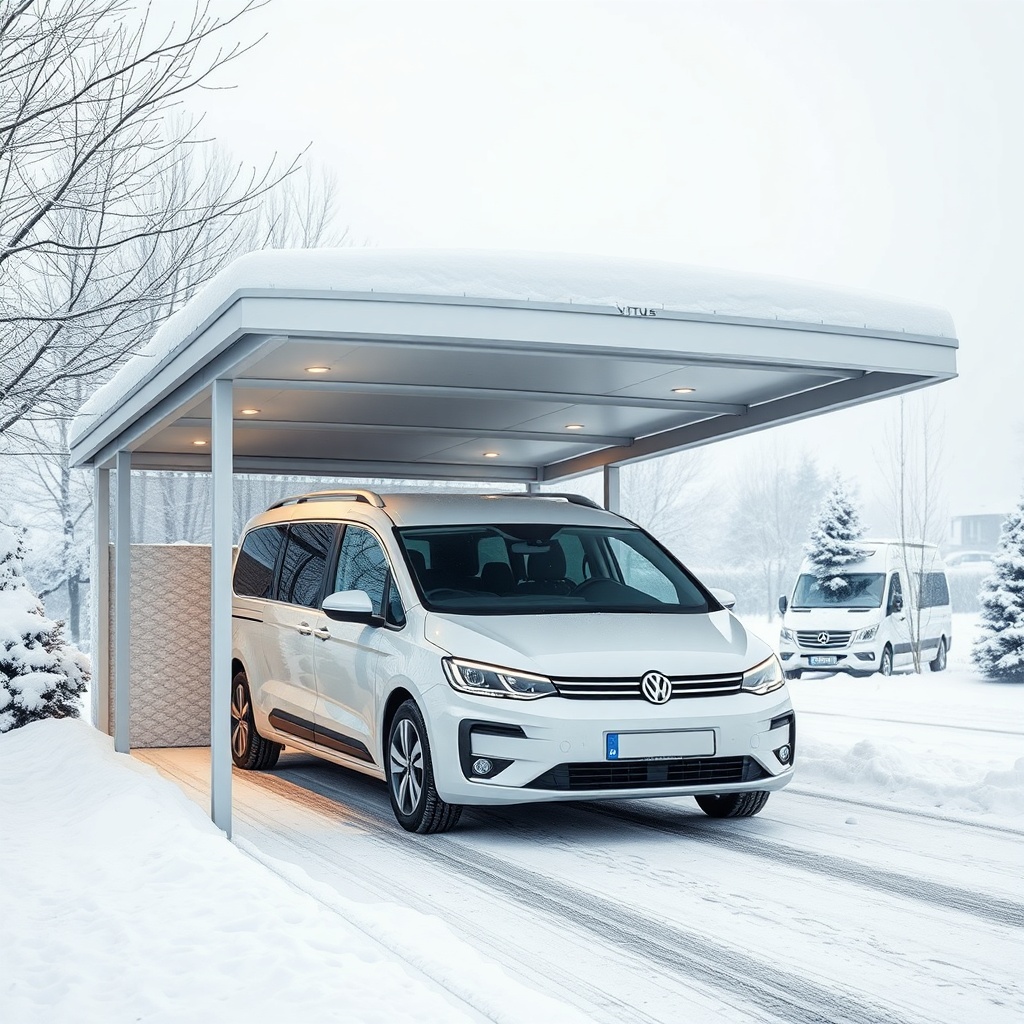 Ein moderner Vitavia Carport Vitus mit flachem Dach im winterlichen Kontext