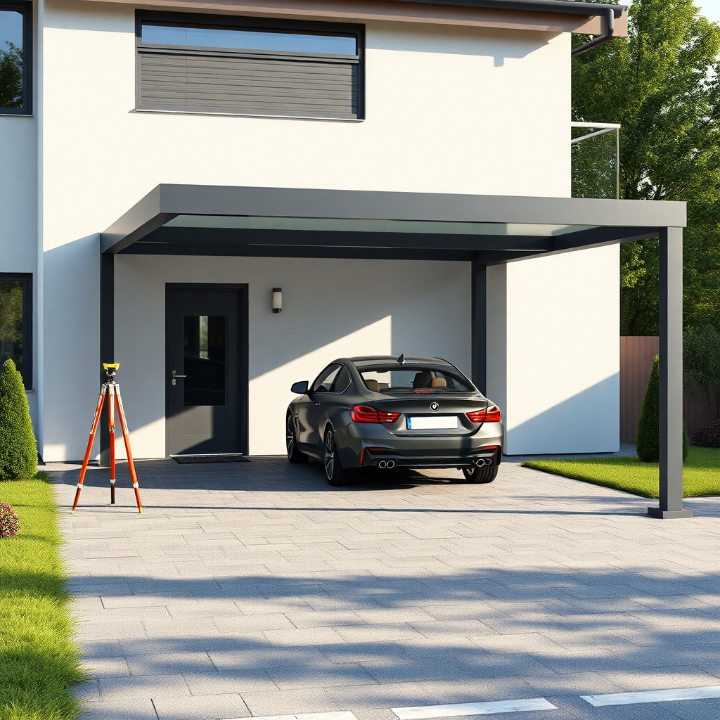 A clean photorealistic photo of a modern house driveway with a single Vitavia Carport Vitu