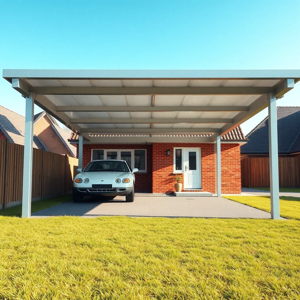 A photorealistic wide-angle shot of a modern aluminium carport on a grass plot