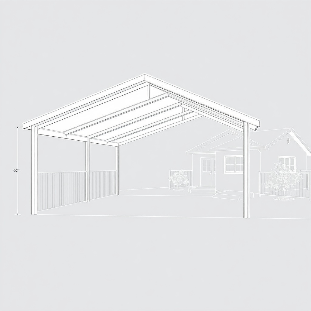 A clean architectural line drawing showing a side view of a carport with dimensions in met