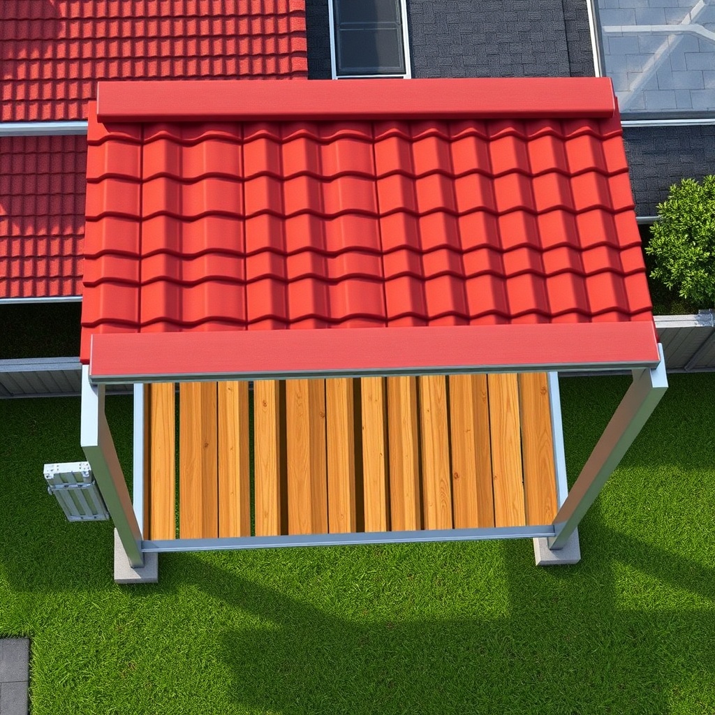A clean photorealistic overhead view of a Vitavia Carport Vitus partially covered with red