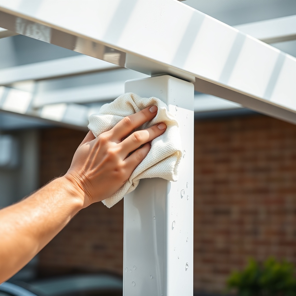 A detailed close-up photorealistic photo of a person gently cleaning a white powder-coated