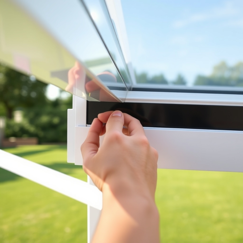 Close-up photorealistic photo of a hand sliding a polycarbonate side panel into the alumin