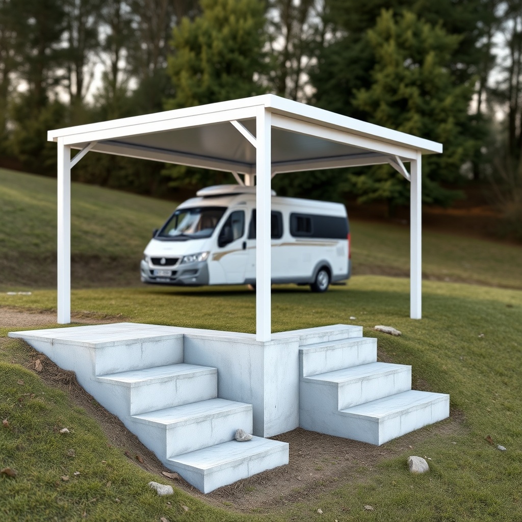 A photorealistic side view of a Vitavia Carport Vitus standing on a sloped lawn with two s