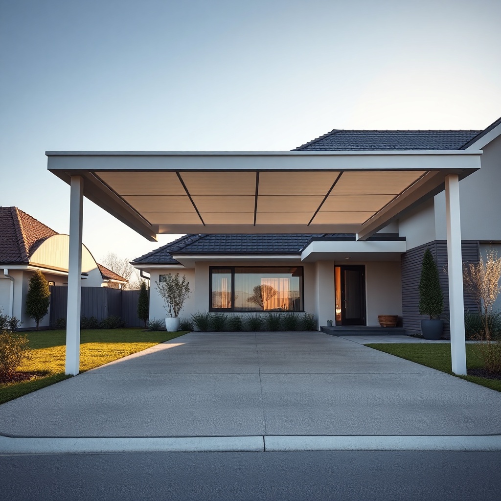 A photorealistic shot of a modern single-family home with a Vitavia Vitus carport in the d