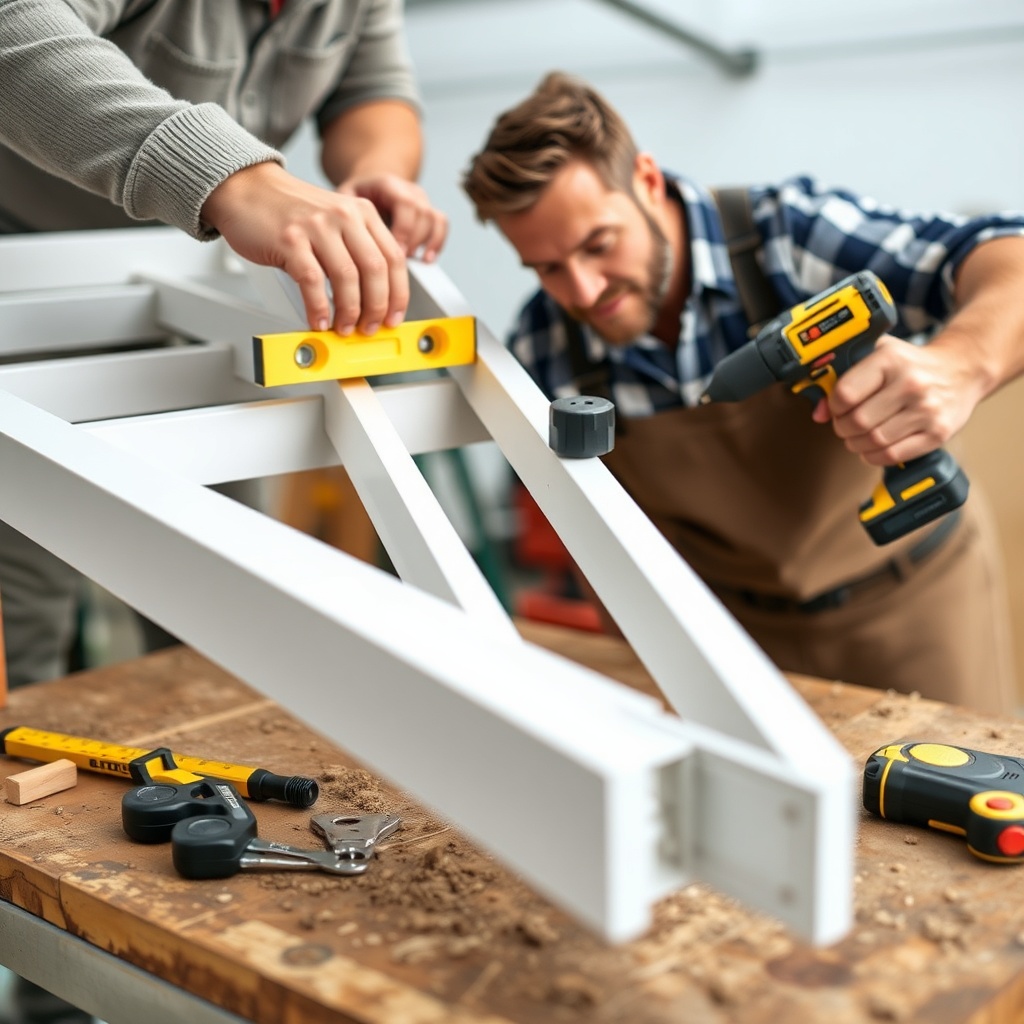 A realistic close-up of two DIY enthusiasts assembling an aluminium frame section of a Vit