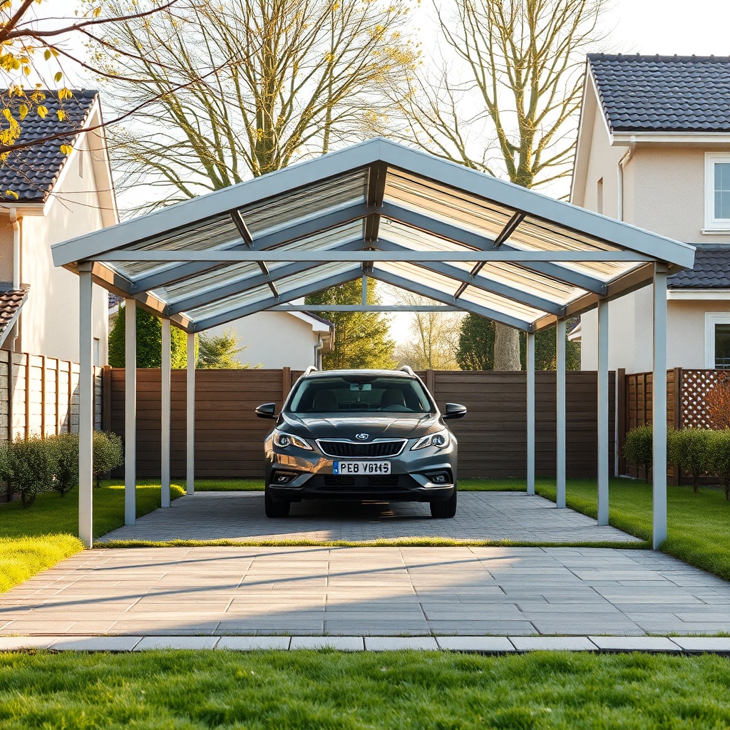 A clean photorealistic photo of a Vitavia Vitus carport with a Walmdach in a suburban gard